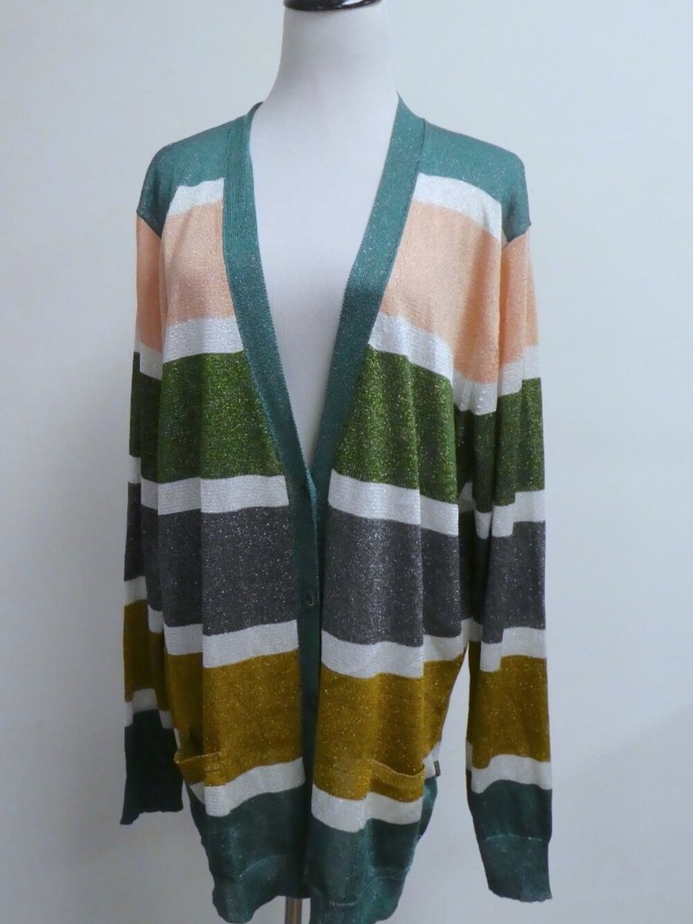 ROBERTO CAVALLI Just pink GOLD teal blue LUREX long Cardigan sweater stripe 42 L